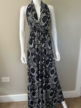 Stitch Southampton NY Jersey Knit Halter Maxi Dress Black White Print S